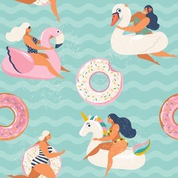 flamingo, unicorn, swan and sweet donut inflatable swimming pool floats. vector seamless pattern.