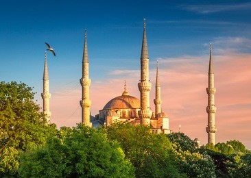 blue mosque at night with golden illumination, wide view of istanbul in dusk. sultanahmet camii mosque with six minarets - famous islamic monument of the ottoman architecture in turkey.