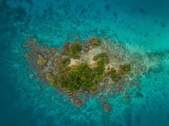 a  bird's eye view of a tiny island in the tropical blue water of vanuatu