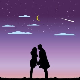 illustration of love and valentine's day with couple silhouette and half moon