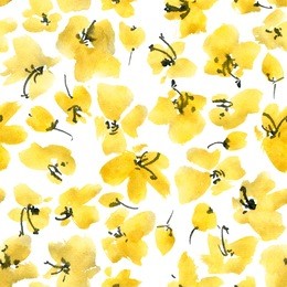 watercolor and ink illustration of yellow flowers. sumi-e, u-sin painting. seamless pattern.