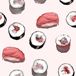 sushi seamless pattern. watercolor background. food illustration.
