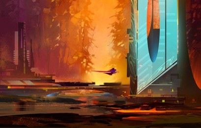 painted bright evening landscape of the future with starships