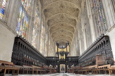 king's college chapel, cambridge. interior seen from high altar, with the world's largest fan vault.