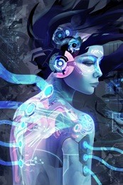 plugged in - cyberpunk inspired technological image of android, human, cybord woman being plugged in, uploaded and recharged.