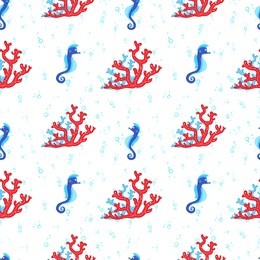 seahorse and coral reef. bright and colorful seamless pattern of sea fauna. childish cartoon ocean creatures. 