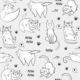 hand drawn various cats. graphic vector seamless pattern
