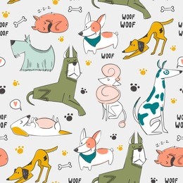 hand drawn cartoon style dogs. colored vector seamless pattern. grey background