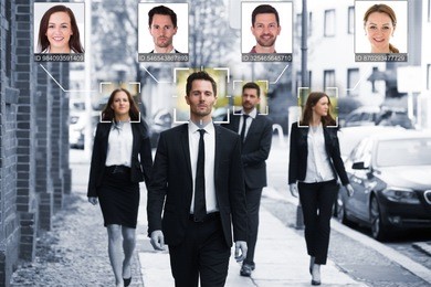 portrait of young businesspeople face recognized with intellectual learning system