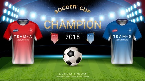 2018 world championship football cup template, champions final match-winning concept and soccer jersey mock-up, for presentation score or game results (eps10 vector fully editable and color change)