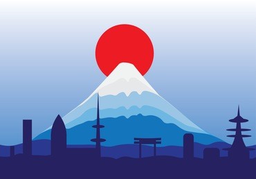 mountain fuji and red sun with blue sky background.mountain fuji japan view landscape travel place vector.