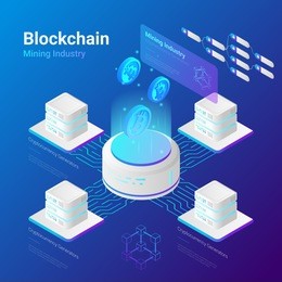 isometric bitcoin miners computers website vector design. mining industry cryptocurrency illustration concept.