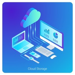 isometric flat cloud hosting network vector banner design. online computing storage 3d concept. smartwatch, computer, laptop, mobile phone objects.
