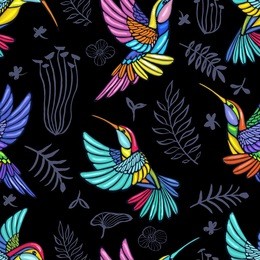 embroidery seamless pattern hummingbird, palm tree leaves, flowers tropical art. fashionable embroidery tropical summer background. template design clothes, t shirt. hand drawn vector.