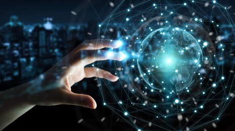 businesswoman on blurred background using planet earth network sphere interface 3d rendering