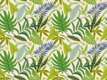 trendy seamless background with tropical leaves. bright jungle pattern with palm leaves and exotic plant. the elegant template with hawaiian motifs, on white background.