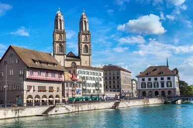 famous grossmunster church in zurich in a beautiful summer day, switzerland