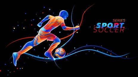 vector 3d football player with neon light lines isolated on black background with colorful spots. liquid design with colored paintbrush. soccer illustration. sports and athletics or competition theme.