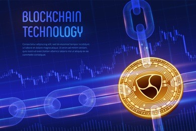 nem. crypto currency. block chain. 3d isometric physical golden nem coin with wireframe chain on blue financial background. blockchain concept. editable cryptocurrency template. vector illustration.