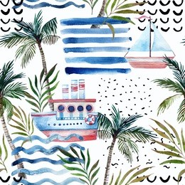 abstract summer seamless pattern. watercolor sailboat, ship, palm tree, leaves, grunge textures, doodles, brush strokes. water color background in minimalistic style hand painted tropical illustration