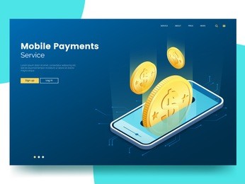 mobile payments isometric illustration. smartphone and money gold coins. web page concept. modern landing page interface design template. vector eps 10.