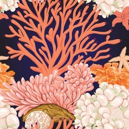 sea world seamless pattern, background with fish, corals and shells on dark blue sea background. stock vector illustration.