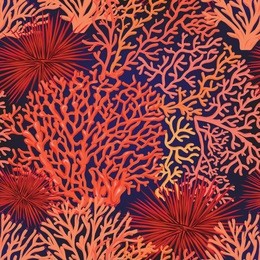 sea world seamless pattern, background with fish, corals and shells on dark blue sea background. stock vector illustration.