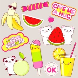 set of cute icons in kawaii style. panda with apple, polar bears with watermelon, ice cream, banana in sunglasses, candy, glass of juice, sticker with inscription ok, hello summer, give me a hug. eps8