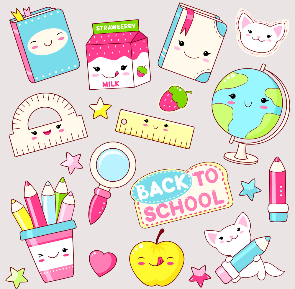back to school. vector set of education icons in kawaii style. cat with pencil, globe, book, diary, pencil, apple, ruler, package of milk, loupe, labels, shiny hearts and stars