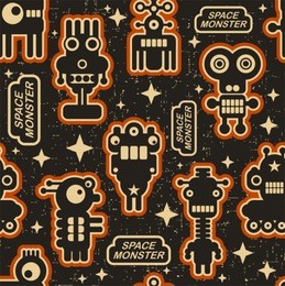 vintage seamless texture with monsters and robots. vector pattern in retro style.