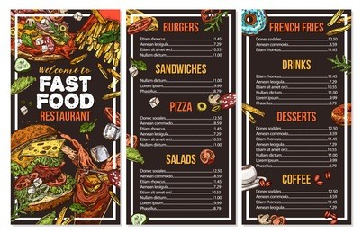 fast food vector menu template in sketch style. design for restaurant menu with hand drawn illustrations of burger, drink, french fries, pizza on chalkboard