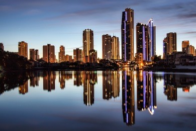 reflection of buildings and apartments at sunrise, gold coast australia