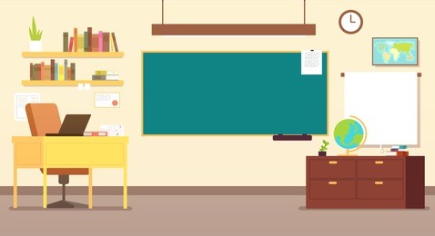 nobody school classroom interior with teachers desk and blackboard vector illustration. empty class for study, interior and chalkboard