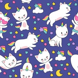 cute cats unicorn vector seamless pattern for kids textile print. illustration of kitten horned comic and colored star