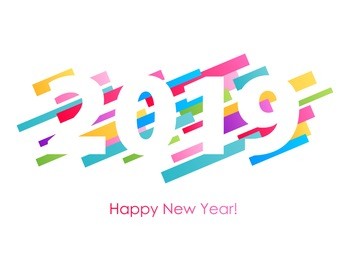 2019 happy new year background with colorful number. christmas winter holidays design. seasonal greeting card, calendar, brochure template.