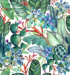 
tropical seamless pattern with succulents, tropical leaves. botanical background