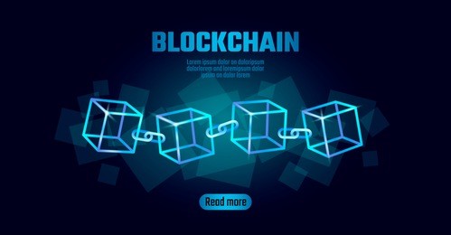blockchain cube chain symbol on square code big data flow information. blue neon glowing modern trend. cryptocurrency finance bitcoin business concept vector illustration background template