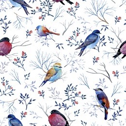 seamless pattern of gouache birds on a white background.clipart consist of berries, flowers, leaves, bird and branches.