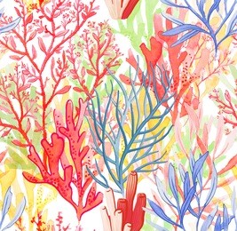 watercolor coral reef seamless pattern on a white background.  natural repeating texture design for wallpaper, paper, fabric.