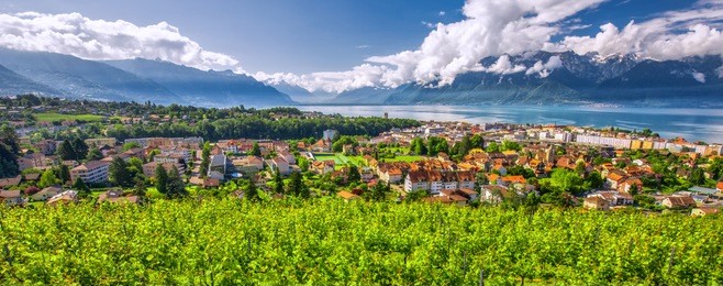 panorama view of montreux city with swiss alps, lake geneva and vineyard on lavaux region, canton vaud, switzerland, europe. 