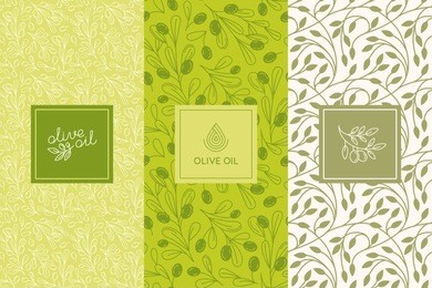vector packaging design elements and templates for olive oil labels and bottles - seamless patterns for background and stickers for natural, organic cosmetics, soap and beauty products