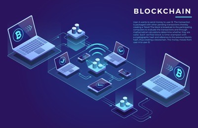cryptocurrency blockchain scheme, isometric view, money exchange market, vector