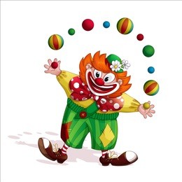 a cheerful red-haired clown in green striped pants and a funny hat with daisies, juggles with striped balls. circus vector cartoon character. isolated.