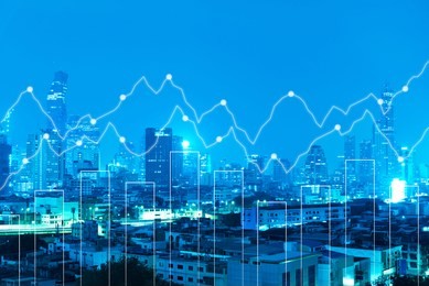 abstract business bar graph on night city background.