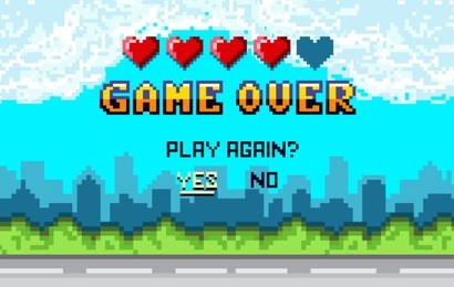game over pixel art design with city landscape background. colorful pixel arcade screen for game design. banner with lives and phrase "play again?". retro game design concept.