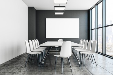 modern conference/meeting room interior with empty billboard on wall. ad concept. mock up, 3d rendering 