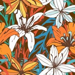 seamless pattern with lilies. flowers, leaves. floral background texture. fabric design