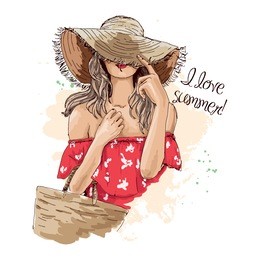 portrait of fashionable woman in hat with beach bag. beautiful young woman in summer clothes covers her face with a hat. stylish girl in a hat. hand drawn sketch. vector illustration of fashion.