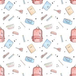 back to school. watercolor illustration. stationery and school stuff. hand drawing isolated elements. seamless pattern.