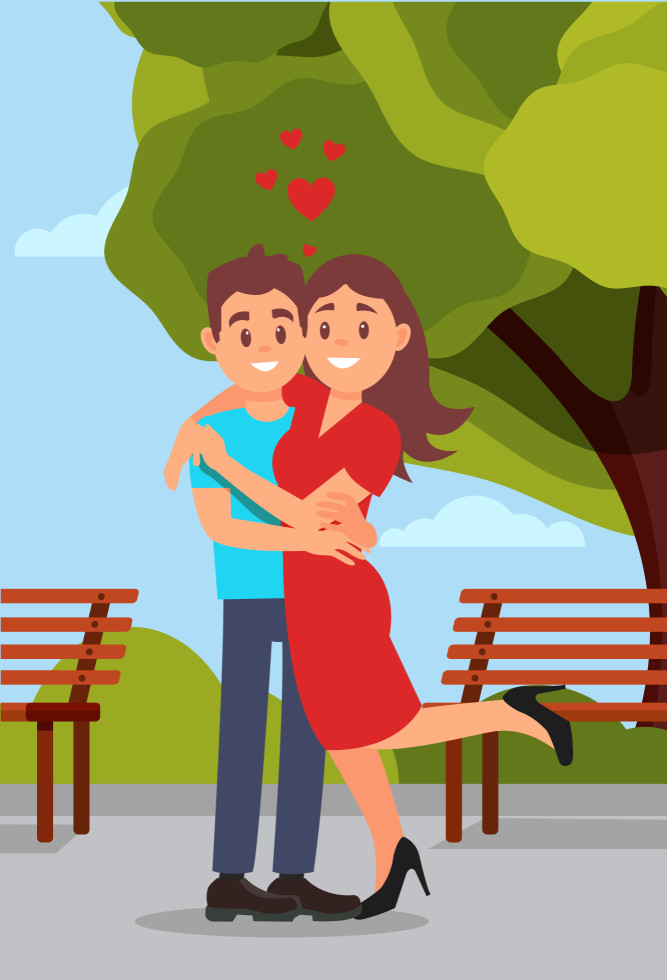 romantic couple hugging in park, woman raising leg. wooden benches, green tree and blue sky on background. flat vector design